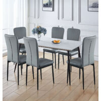 Hallowood Furniture Cullompton Large Dining Table and Chairs Set 6, (1.6m) White Marble Effect Kitchen Table and Chairs in Grey Faux Leather Upholstery and Metal Legs, Dining Set for Home & Café