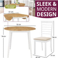 Ledbury Small Solid Wooden Round Drop Leaf Dining Table and 2 Chairs Set in White & Oak Finish