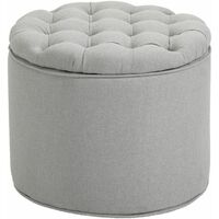 Premium Fabric Round Storage Footstool with Lid in Light Grey | Upholstered Foot Rest / Ottoman / Pouffe