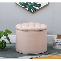 Premium Fabric Round Storage Footstool with Lid in Light Brown | Upholstered Foot Rest / Ottoman / Pouffe Stool