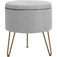 Premium Fabric Round Footstool in Light Brown | Upholstered Foot Rest / Ottoman / Pouffe with Metal Legs