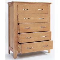 Hallowood Furniture Camberley Oak Chest of Drawers – Large 5 Drawers Chest in Light Oak Finish - Solid Wooden Bedroom Storage Unit with Metal Handles for Easy Sliding -Living Room & Hallway Furniture