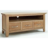 Camberley Oak 3 Drawer Corner TV Stand Unit with Light Oak Finish 110cm | Wooden Television Cabinet Including 1 shelf for Consoles or DVD Players | Solid Wood Entertainment Stand up to 46” screen size