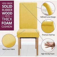 Hallowood Furniture Premium Roll Top Linen Fabric Dining Chairs Set of 2 in Yellow Colour - Dining Chair with Solid Wooden Legs - Modern Kitchen Chairs for Dining Room, Home, Restaurant & Café