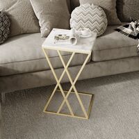Hallowood C Shaped Golden Metal Sofa Side Table / Real Marble Top / Bedside Coffee Table