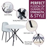 Small Round White Dining Table and 2 Grey Fabric Chairs Set / Metal Legs