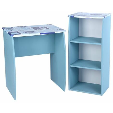 Computer Desk Set, Wooden Study Writing Desk with 3 Tiers Bookshelf Modern Style Small Workstation for Kids Adults, Blue