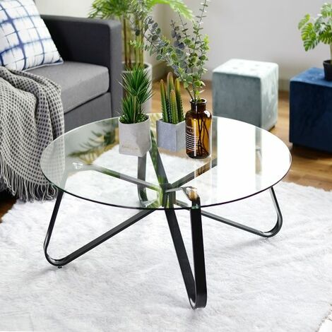 Round Tempered Glass Coffee Table, Nordic minimalist Sofa Side Table, End Table with Iron Black Base for Home, Living Room, Patio, Garden(80cmx80cmx40cm)