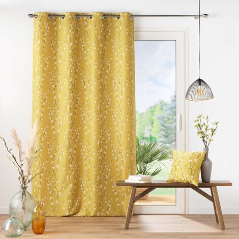 Vorhang SAKURA, mit Ösen, senfgelb, Pflanzenmuster