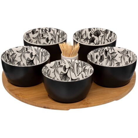 Servierschalen FLORAL mit einem Holztablett, 5 Schalen, 70 ml