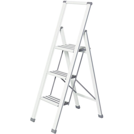WENKO Alu-Design Klapptrittleiter 3-stufig Weiß, rutschfeste Haushaltsleiter, Sicherheits-Stehleiter, Weiß, Aluminium beschichtet weiß, Kunststoff grau