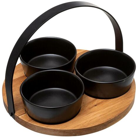 Serviergeschirr, schwarze Schalen mit Holztablett, mit Griff