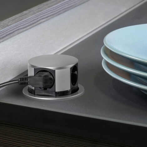 Emuca – Multiconnecteur Vertikal Push 5221225 – 3 prises Schuko – 1 USB type A et 1 type C – Diamètre 100mm – Acier et plastique