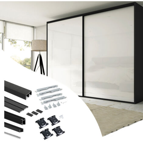 Emuca – Kit quincaillerie pour armoire à 2 portes coulissantes – Système anti-déraillement – Charge max 30 kg par porte – Rail 2,35m – Finition aluminium noir (1/6)