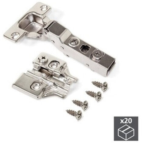 Emuca – Lot de 20 charnières coudées pour montage en applique – Acier nickelé – Réglage excentrique – Fermeture amortie – Pour meubles de cuisine et bureau