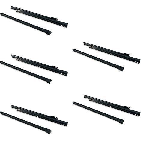 Emuca – Lot de 5 coulisses de tiroir T30 – Longueur 450mm – Charge max 20kg – Acier peint noir RAL 9005 – Système de fermeture à glissière (1/4)