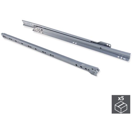 Emuca – Lot de 5 coulisses de tiroir T30 – Sortie partielle 300mm – Charge max 20kg – Acier gris métallisé – Montage avec eurovis