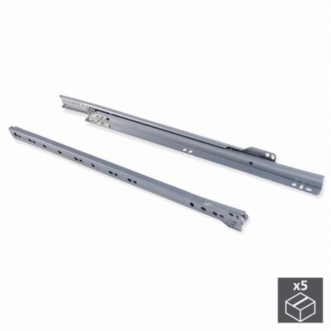 Emuca Lot de 5 jeux de coulisses a roulettes pour tiroir T30, drop lock, longueur 550mm, sortie partielle, Acier, Gris métallique (1/5)