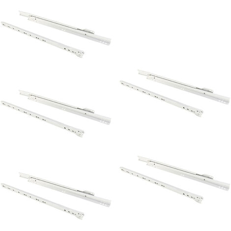 Emuca – Lot de 5 coulisses à roulettes pour tiroir T30 – Sortie partielle – Acier blanc – Longueur 600mm – Charge max 20kg