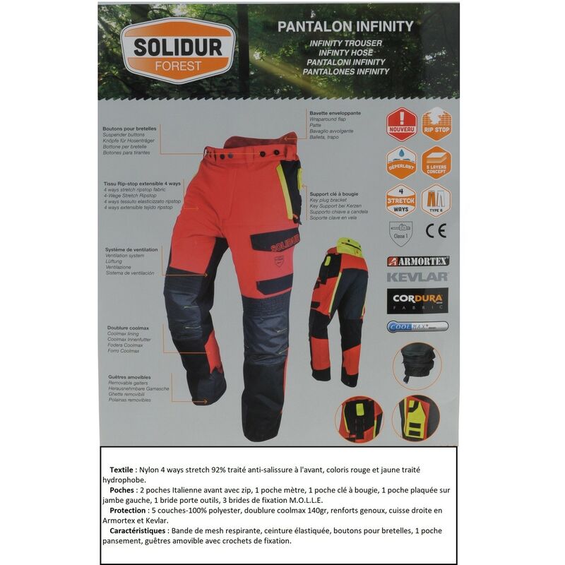 Pantalon INFINITY spécial tronçonneuse protection 5 couches avec Cordura  Armortex Coolmax guêtre type A classe 1 - SOLIDUR