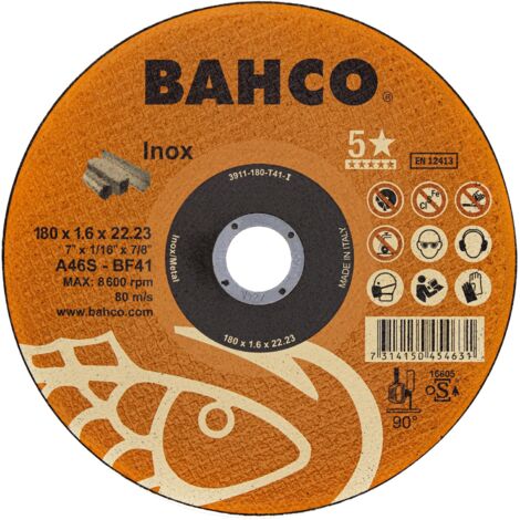 Bahco – Disque à tronçonner pour meuleuse 180mm – Acier inoxydable – Épaisseur 1,6mm – Alésage 22,23mm – Lot de 5 disques haute performance - 3911-180-T41-I