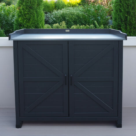 Gartenschrank Massivholz Grau – Wetterfest Mit Arbeitsplatte & 2 Schubladen – Outdoor-Geräteschrank Für Terrasse, Balkon & Garten, Regalböden Verstellbar