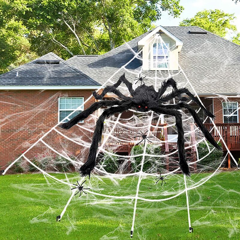 Halloween Spider Web Decorations with 200’’ Spider Web Scary Fake Spider and Huge Spider Webs Halloween Decorations Outdoor for Home Party Yard Haunted House Decor 59’’ Giant Spider 