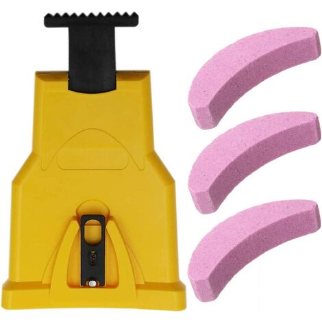 Chainsaw Tooth Sharpener, Automatic Sharpener (1Pcs), Replaceable Sharpening Stone (3Pcs), Guide Bar Adjustment With 2 Guide Holes (Yellow)