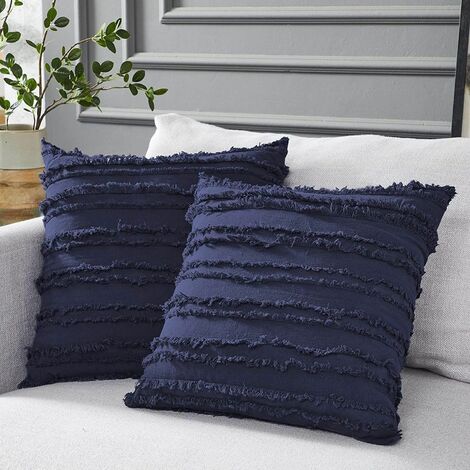 Set of 2 Boho Cushion Cover Cotton Linen Striped Jacquard Pattern Throw Pillow Case Decorative Cushion Cover for Chair Car Sofa and Bed Living Room (Navy Blue, 45cmx45cm)