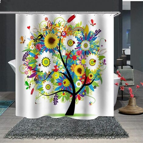 Shower Curtain With 12 Hooks Stylish Flower Tree Fabric Waterproof Bathroom NEW 