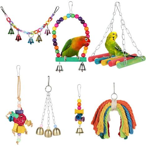 Bird Parrot Cage Swing Hanging Toys,3 Pack Natural Wooden Hammock Chew Toy Suitable Small Parakeets Cockatiel,Conures,Finches,Budgies,Macaws,Love Birds Colorful Wood & Mirror 