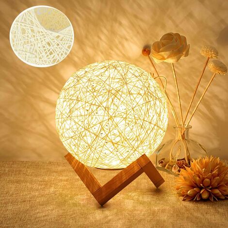 LED Night Light, Bedside Lamp, Rattan and Wood Bedroom Mood Lamp, USB Rechargeable
