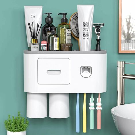 Automatic Toothpaste Dispenser Toothbrush Holder Cup Bathroom Storage Wall Rack 
