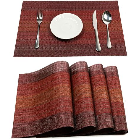 Placemats Set for Dining Table Plastic Woven Vinyl Place Mats Wipe Clean Non Slip Heat Resistant Washable Kitchen Table Mats (A-Red, 6)