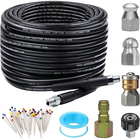 Sewer Jetter Kit for Pressure Washer 100FT, Newest 5800PSI Drain Cleaner Hose 1/4 Inch NPT Corner, Rotating and Button Nose Sewer Jetting Nozzle Pearl Corsage Pin Waterproof Tape with 2 Spanner