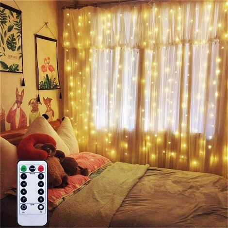Battery Operated Curtain Window String Lights with Remote Timer Bedroom Garden D Fairy Curtain Light Icicle Waterfall Lights for Party Outdoor Indoor (Warm White, 6.5 X 6.5ft, Dimmable)