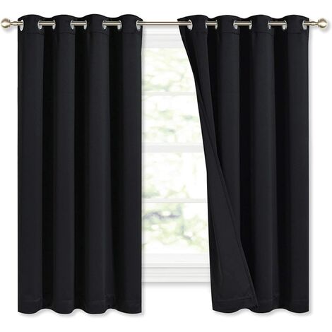 Complete 100% Blackout Curtains, Thermal Insulated Energy Efficiency Window Draperies with Black Liner, Noise Reducing Short Curtains for Kids Room (Black, 52-inch W by 63-inch L, 2 Panels)