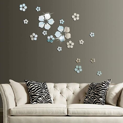 18pcs Acrylic Mirror Wall Sticker Decal for Home Living Room Bedroom Decor 3D Flower DIY Wall Decoration Silver