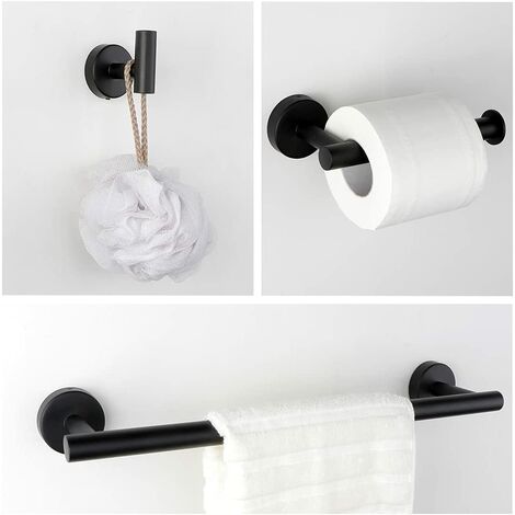 2X Robe Towel Hooks Includes Toilet Paper Holder Matte Black Bathroom Accessories Kit 3-Pieces Bathroom Hardware Set SUS 304 Stainless Steel Wall Mounted 
