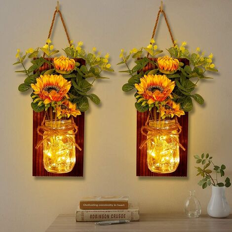 Set of 2 Sunflower Mason Jar Sconces Wall Decor, Rustic Wall Sconces Handmade Hanging Mason Jars with LED Fairy Lights for Home Kitchen Living Room Farmhouse House Decorations Lights