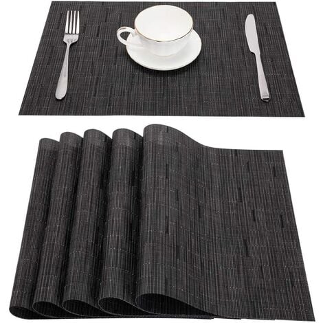 Heat Resistant PVC Placemats Washable Woven Vinyl Non-Slip Table Mat for Kitchen Dining Table, Set of 6 (Black)