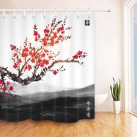 Oriental Sakura Cherry Tree Landscape Far Mountains Polyester Fabric Water Resistant Bathroom Decor Shower Curtain Set with 12 Hooks, 180x200CM
