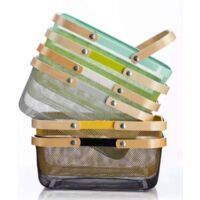 Trash Organizer Storage with Wooden Handle Stackable Vintage Metal Utility Basket for Pantry Kitchen Cupboard Bathroom Pantry Cabinets （blue）