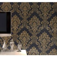 I&I 3D Wallpaper,Self-Adhesive Wallpaper，Waterproof and Resistant to Scrub,Wallpaper for Bedroom, Living Room, Kitchen and TV Background.(Damascus Style,Black Gold, 23.6x393.7")
