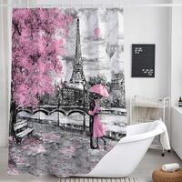 Pink and Gray Paris Shower Curtain for Bathroom, Vintage Grey Eiffel Tower Fabric Shower Curtains Set, French Pretty Floral Restroom Decor Accessories with Hooks 72X72Inches (Pink)