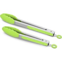 Premium Silicone Set of 2 Cooking Tongs, 9-Inch & 12-Inch BPA Free Non-Stick Stainless Steel BBQ Grilling Locking Food Tong, Light Green
