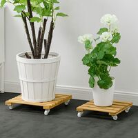 Bamboo Plant Pot Caddy with Wheels, Flowers Plant Pot Trolley Trays Plant Stand Square Plant Trolley Garden Flower Pot Stand (25 * 25cm)