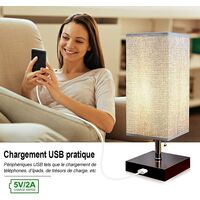 Depuley Table Lamp with USB Rechargeable Port, E27 Modern Bedroom Bedside Lamp, Light Wood and Square Fabric Shade, Zip Switch - LED Bulb Included (3000K Warm White)