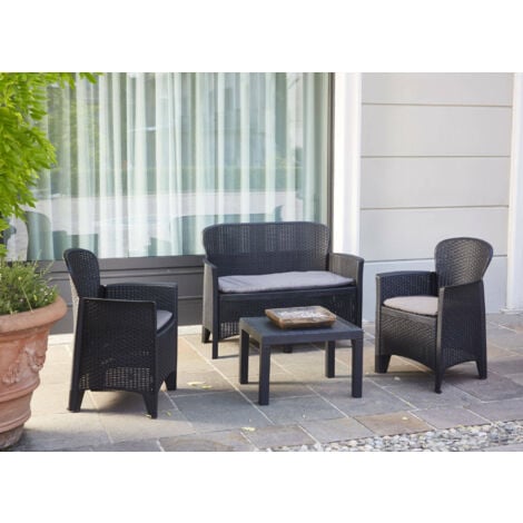 Dmora - Set salotto da esterno Anny, Set da giardino, Salottino effetto rattan, 100% Made in Italy, 1 divano, 2 poltrone e 1 tavolino contenitore, Antracite