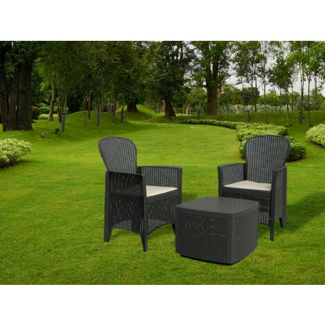 Set salotto da esterno, Set da giardino con 2 poltrone ed 1 tavolino contenitore, Salottino effetto rattan, 100% Made in Italy, Antracite